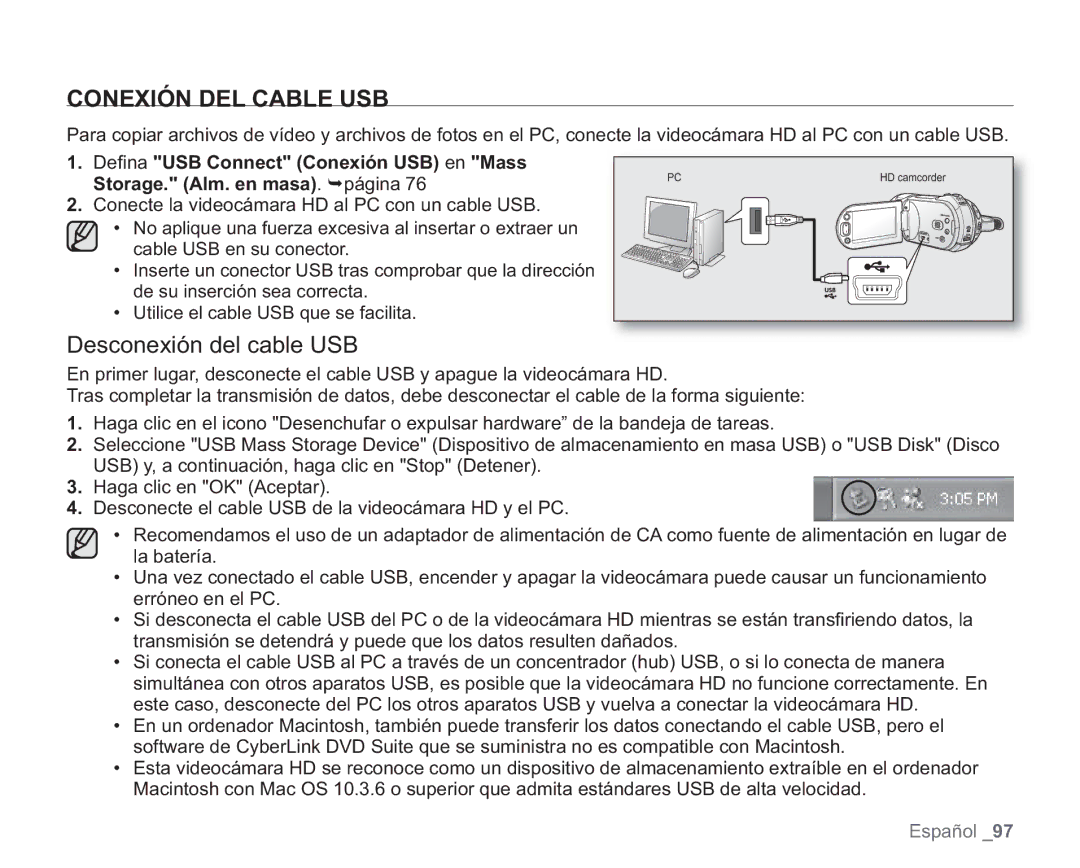 Samsung VP-HMX20C/CAN, VP-HMX20C/EDC manual Conexión DEL Cable USB, Desconexión del cable USB 