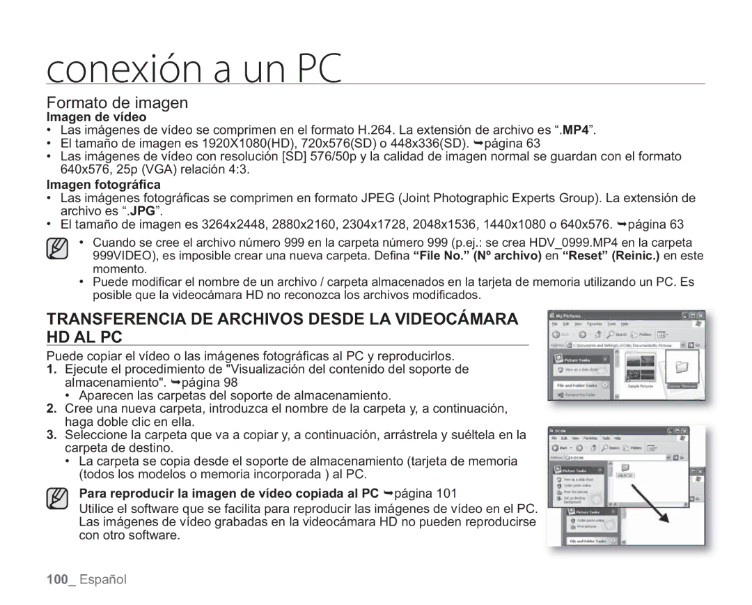 Samsung VP-HMX20C/EDC, VP-HMX20C/CAN manual Formato de imagen, Transferencia DE Archivos Desde LA Videocámara HD AL PC 