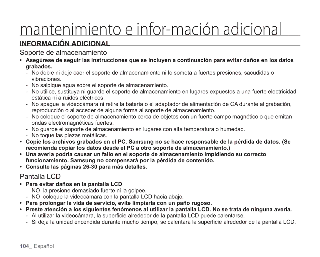 Samsung VP-HMX20C/EDC Información Adicional, Soporte de almacenamiento, Pantalla LCD, Para evitar daños en la pantalla LCD 