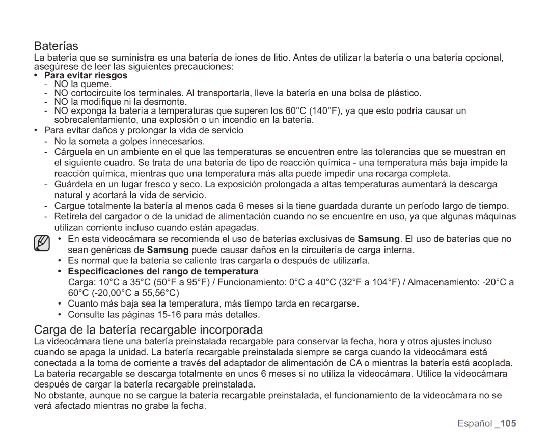 Samsung VP-HMX20C/CAN, VP-HMX20C/EDC manual Baterías, Carga de la batería recargable incorporada 