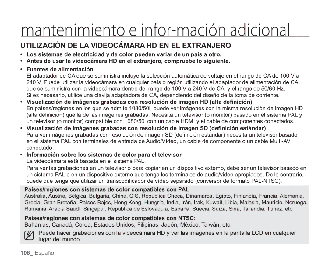 Samsung VP-HMX20C/EDC, VP-HMX20C/CAN manual Utilización DE LA Videocámara HD EN EL Extranjero 