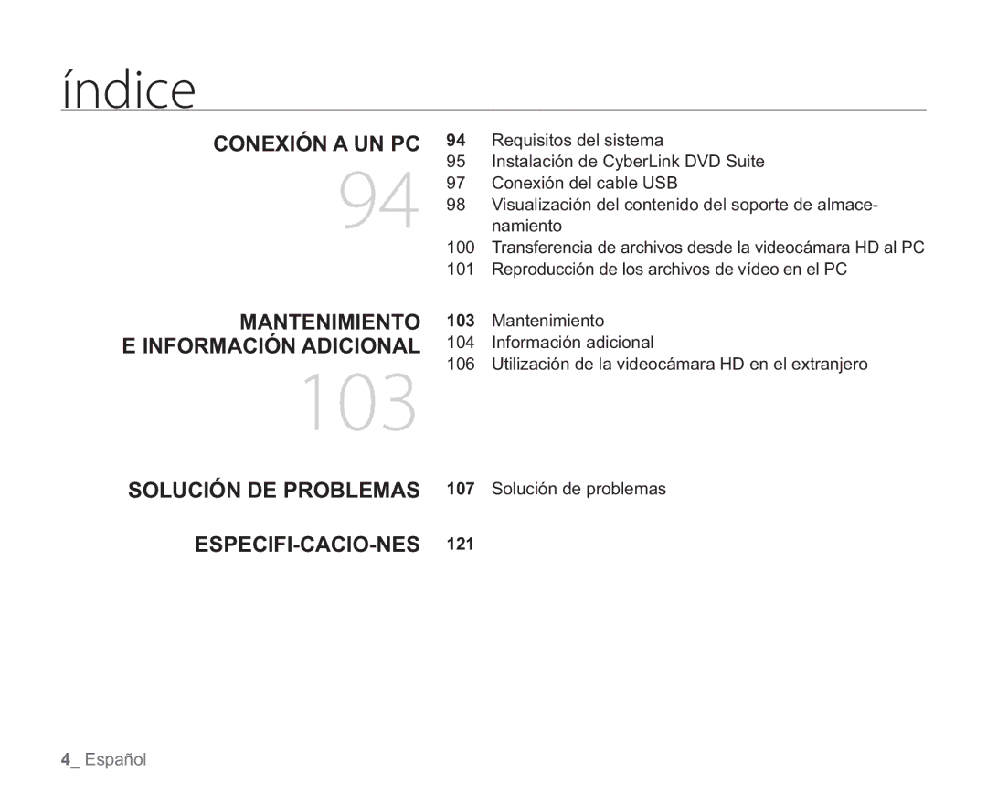 Samsung VP-HMX20C/EDC Conexión a UN PC, Mantenimiento E Información Adicional, Solución DE Problemas ESPECIFI-CACIO-NES 