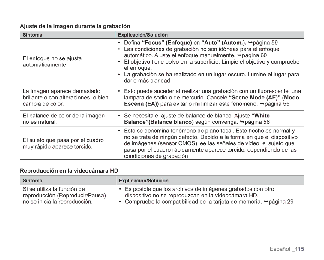 Samsung VP-HMX20C/CAN, VP-HMX20C/EDC Ajuste de la imagen durante la grabación, Deﬁna Focus Enfoque en Auto Autom.. página 
