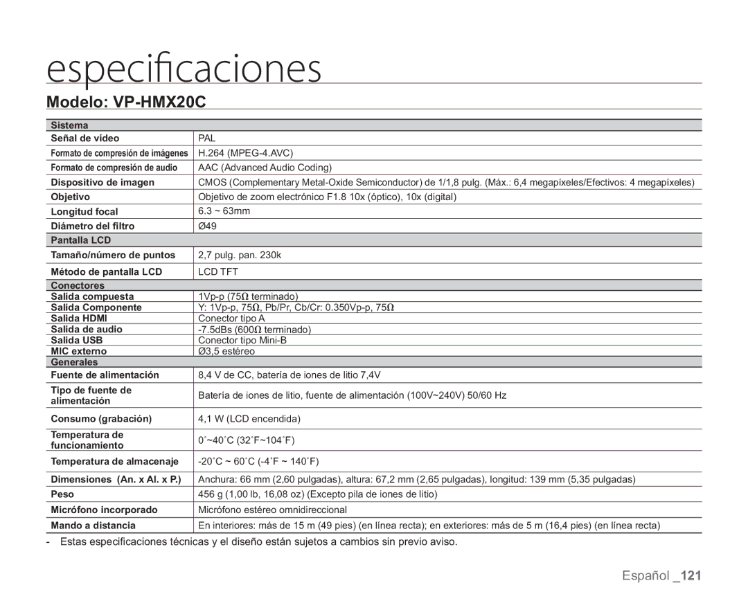 Samsung VP-HMX20C/CAN, VP-HMX20C/EDC manual FTQFDJmDBDJPOFT 