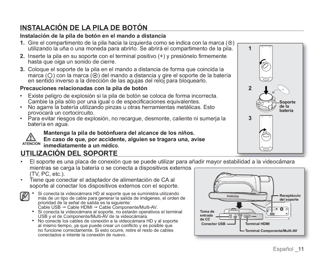 Samsung VP-HMX20C/CAN, VP-HMX20C/EDC manual Instalación DE LA Pila DE Botón, Utilización DEL Soporte 