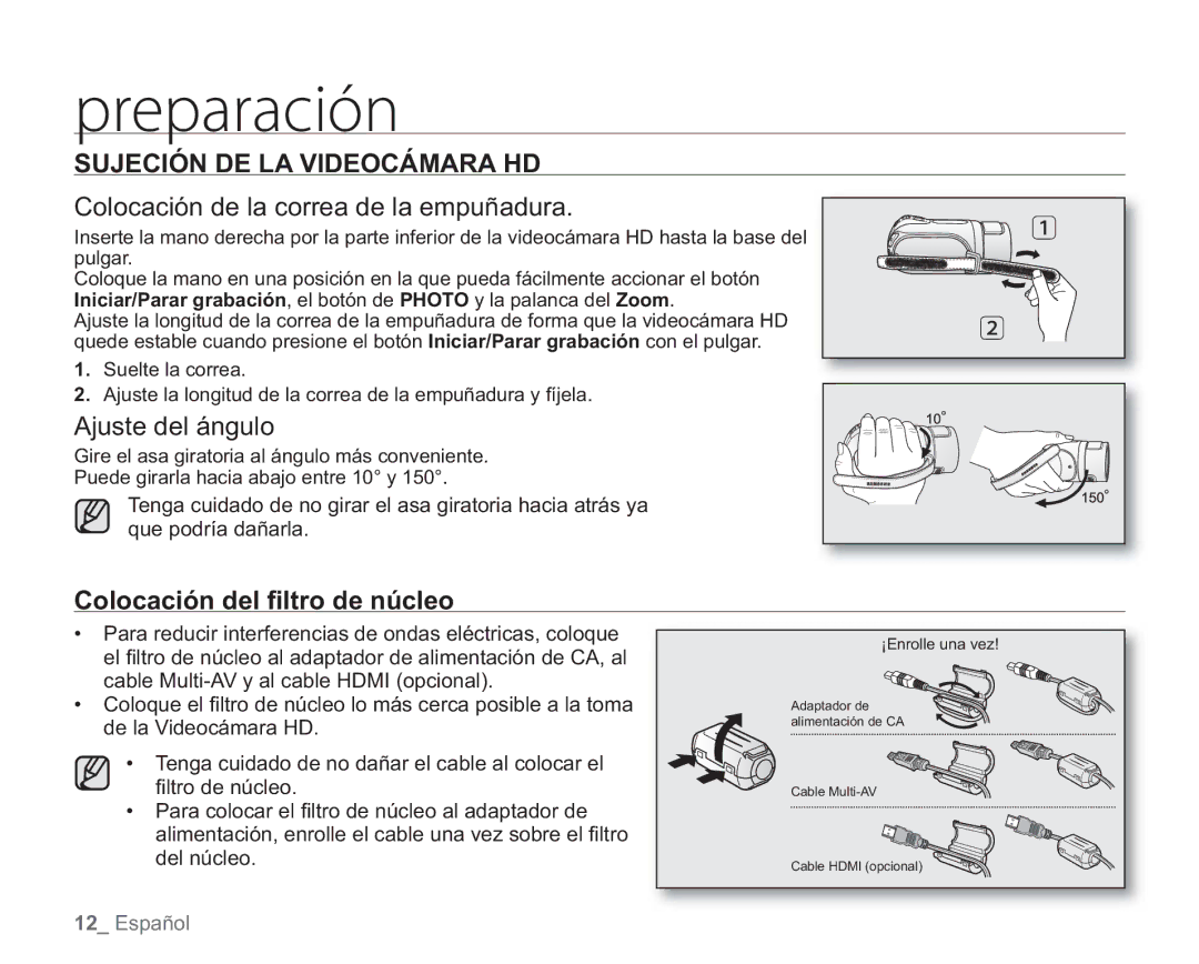 Samsung VP-HMX20C/EDC manual Sujeción DE LA Videocámara HD, Colocación de la correa de la empuñadura, Ajuste del ángulo 