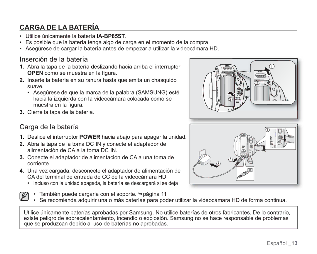 Samsung VP-HMX20C/CAN, VP-HMX20C/EDC manual Carga DE LA Batería, Inserción de la batería, Carga de la batería 