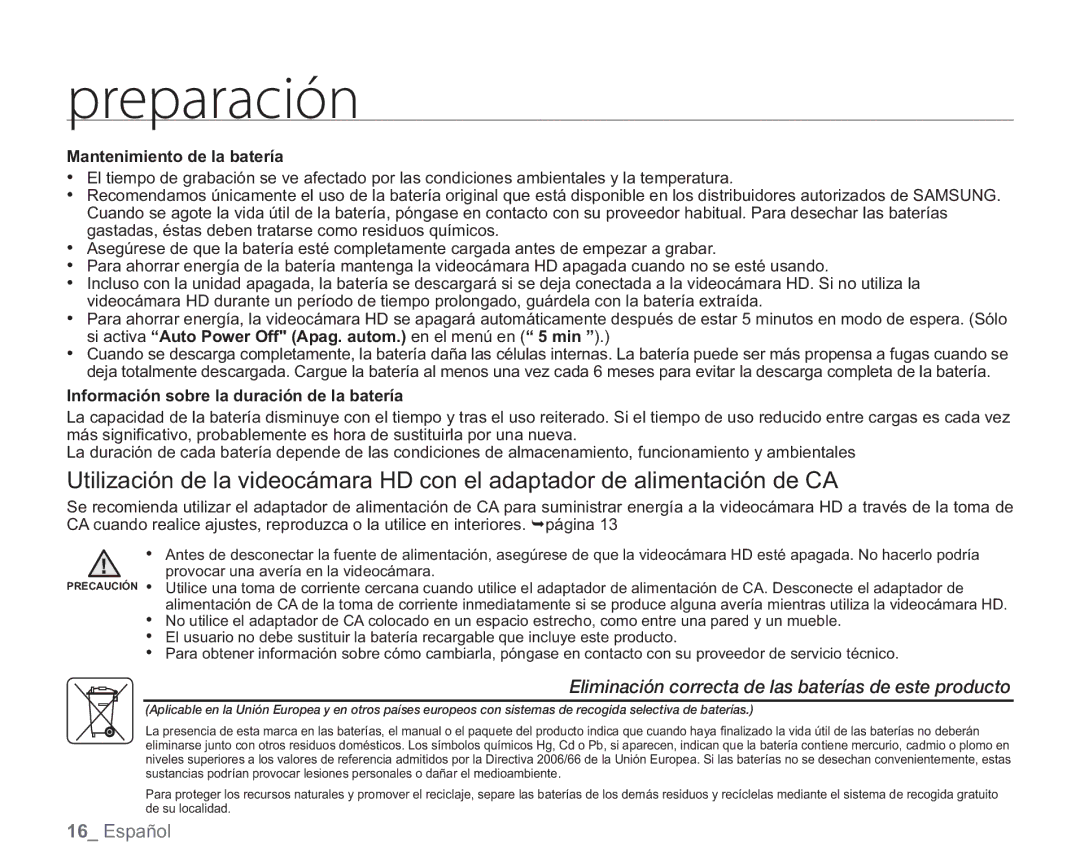 Samsung VP-HMX20C/EDC, VP-HMX20C/CAN manual Mantenimiento de la batería, Información sobre la duración de la batería 