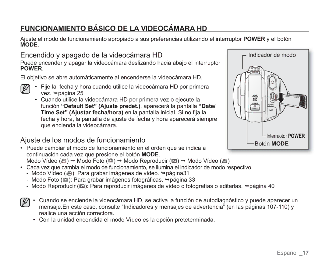 Samsung VP-HMX20C/CAN, VP-HMX20C/EDC Funcionamiento Básico DE LA Videocámara HD, Encendido y apagado de la videocámara HD 