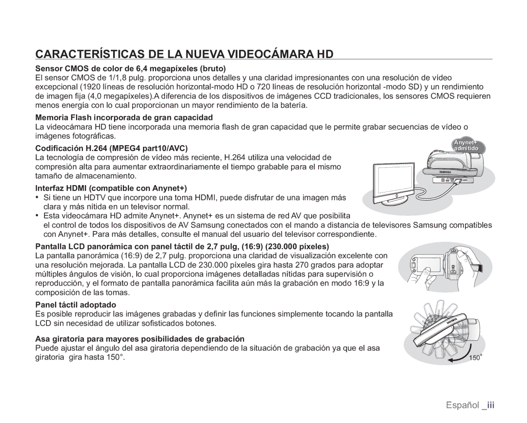 Samsung VP-HMX20C/CAN, VP-HMX20C/EDC manual Características DE LA Nueva Videocámara HD 