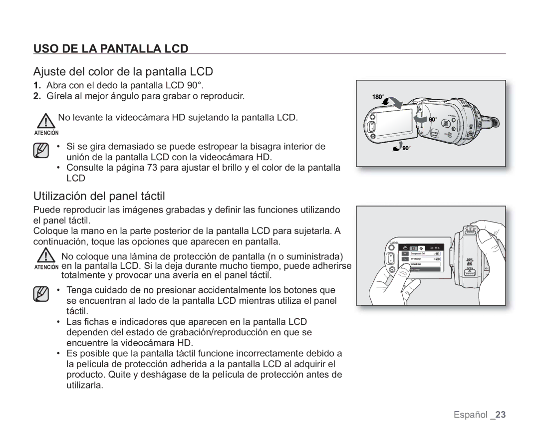 Samsung VP-HMX20C/CAN manual USO DE LA Pantalla LCD, Ajuste del color de la pantalla LCD, Utilización del panel táctil 