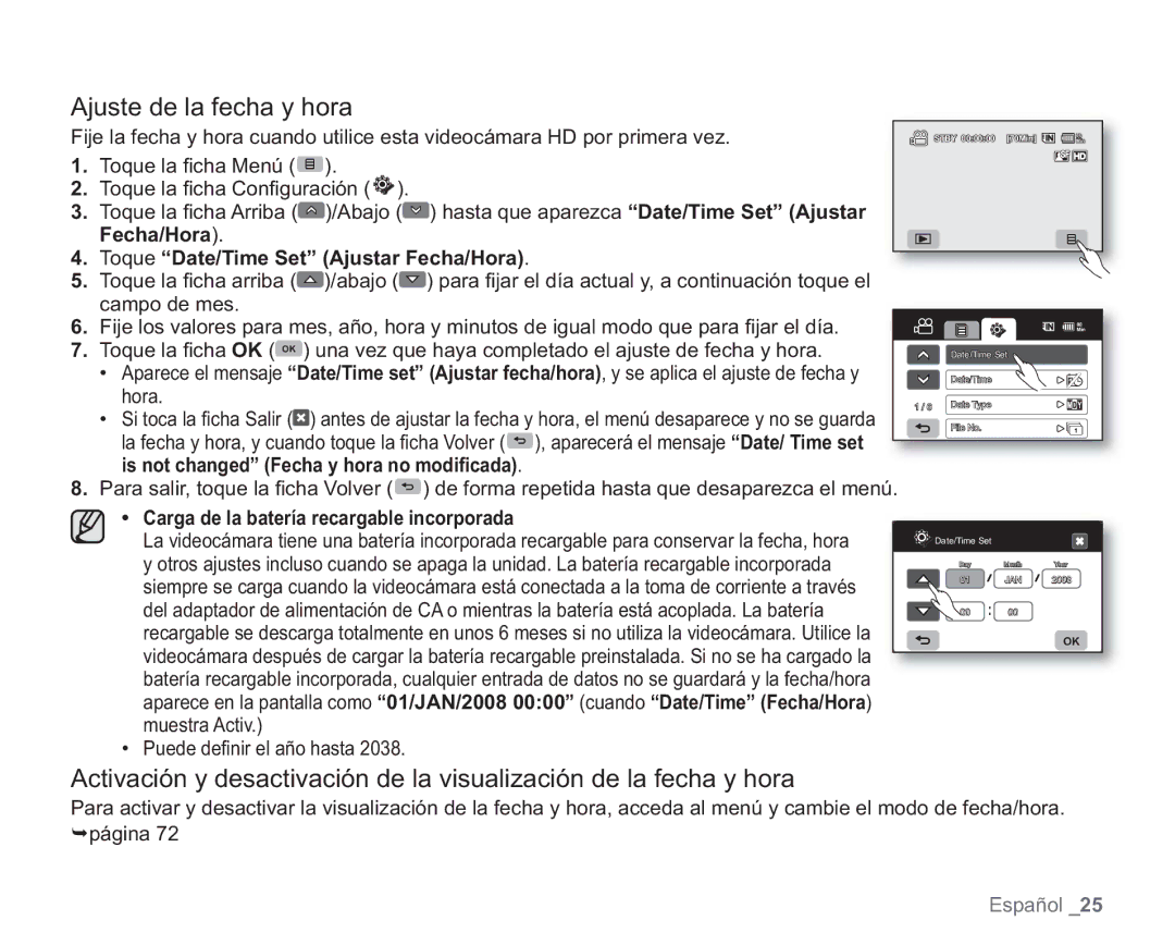 Samsung VP-HMX20C/CAN, VP-HMX20C/EDC manual Ajuste de la fecha y hora, Fecha/Hora Toque Date/Time Set Ajustar Fecha/Hora 