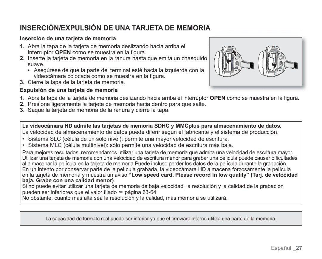 Samsung VP-HMX20C/CAN, VP-HMX20C/EDC INSERCIÓN/EXPULSIÓN DE UNA Tarjeta DE Memoria, Inserción de una tarjeta de memoria 