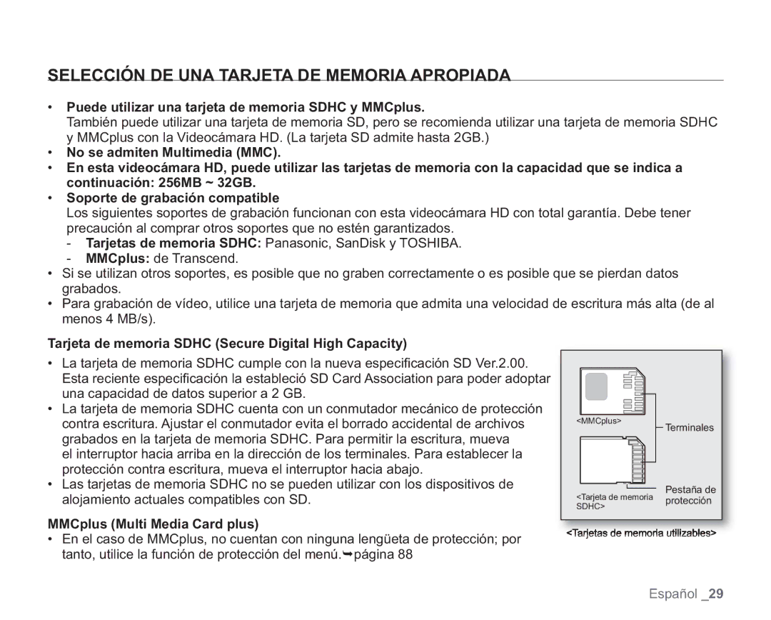 Samsung VP-HMX20C/CAN Selección DE UNA Tarjeta DE Memoria Apropiada, Puede utilizar una tarjeta de memoria Sdhc y MMCplus 