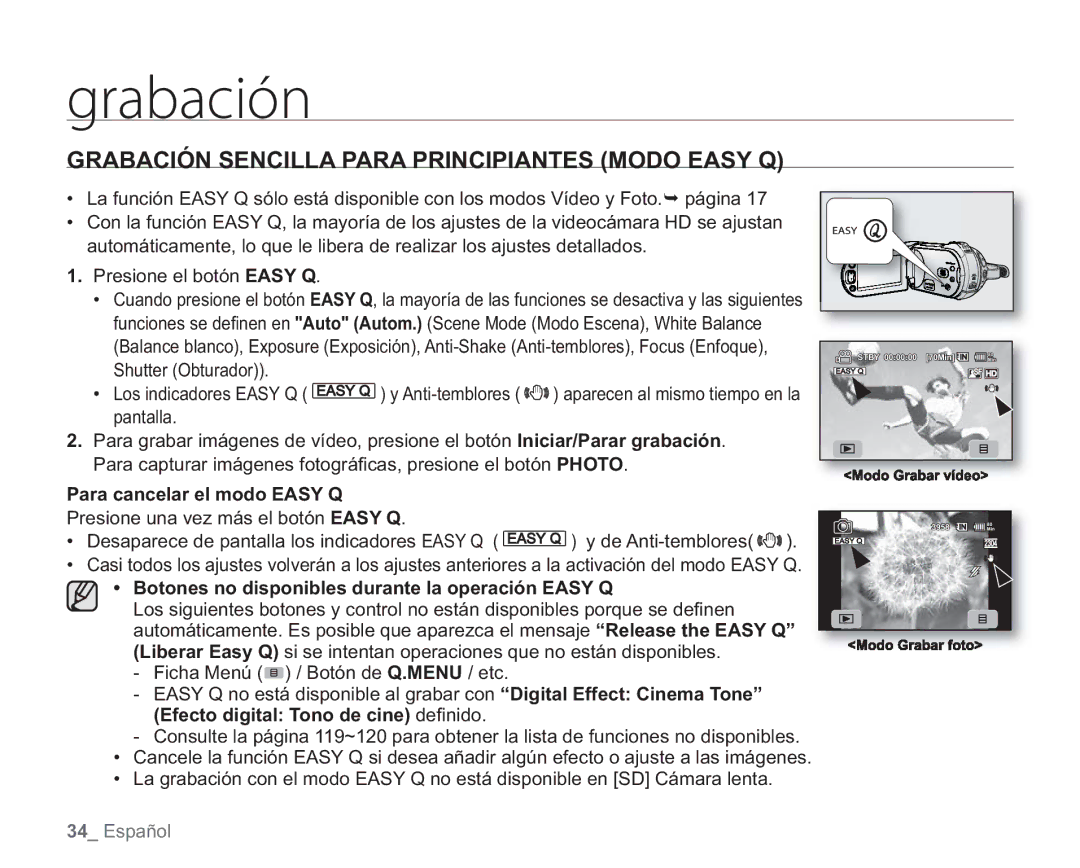 Samsung VP-HMX20C/EDC, VP-HMX20C/CAN manual Grabación Sencilla Para Principiantes Modo Easy Q, Para cancelar el modo Easy Q 