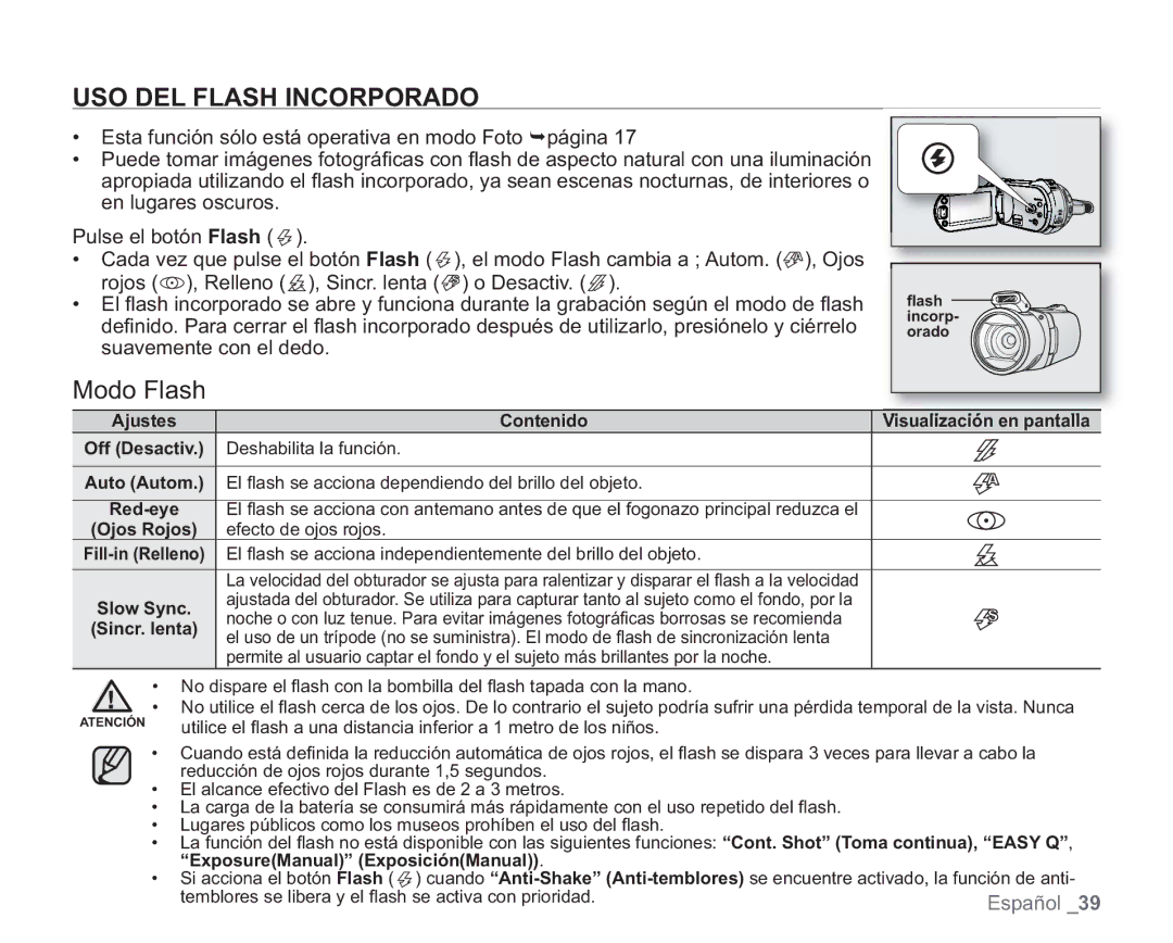 Samsung VP-HMX20C/CAN, VP-HMX20C/EDC manual USO DEL Flash Incorporado, Modo Flash, Slow Sync 