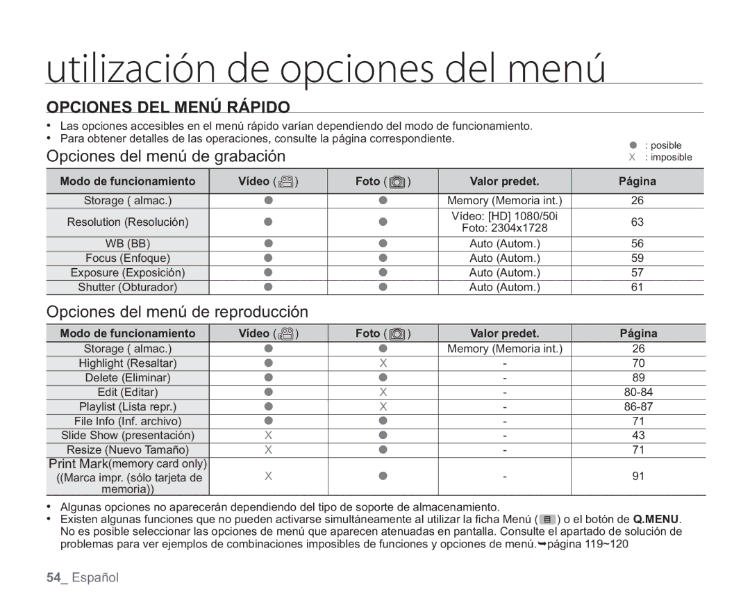 Samsung VP-HMX20C/EDC, VP-HMX20C/CAN manual Opciones DEL Menú Rápido, Opciones del menú de grabación 