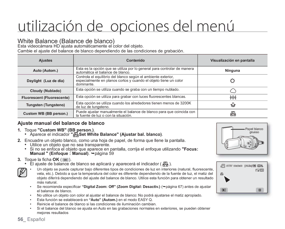 Samsung VP-HMX20C/EDC, VP-HMX20C/CAN White Balance Balance de blanco, Ajuste manual del balance de blanco 