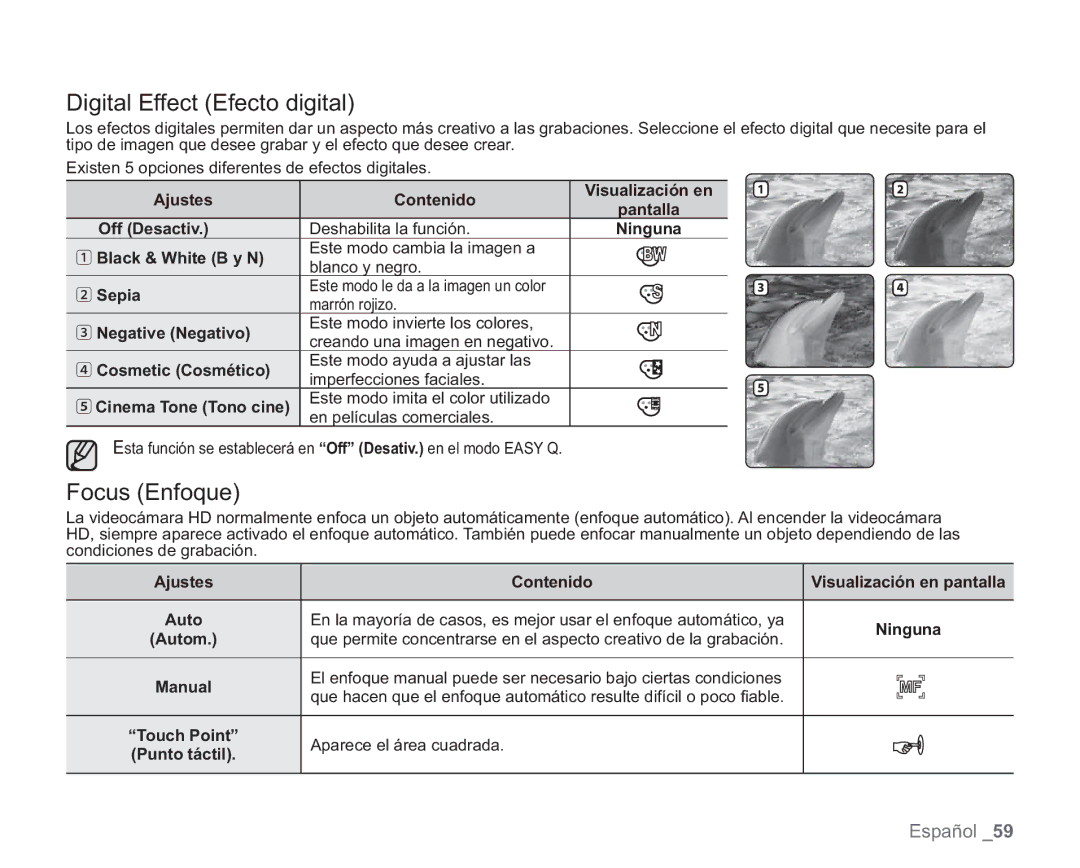 Samsung VP-HMX20C/CAN, VP-HMX20C/EDC manual Digital Effect Efecto digital, Focus Enfoque 