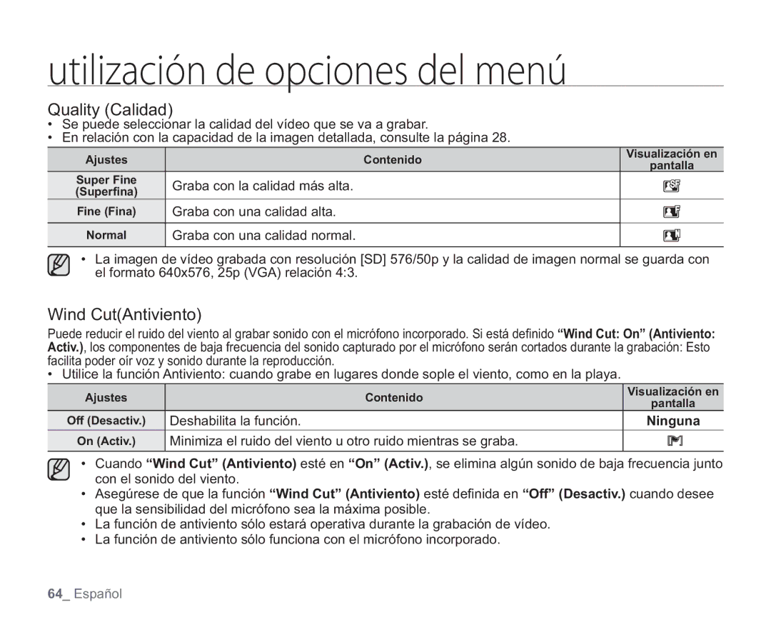 Samsung VP-HMX20C/EDC, VP-HMX20C/CAN manual Quality Calidad, Wind CutAntiviento 