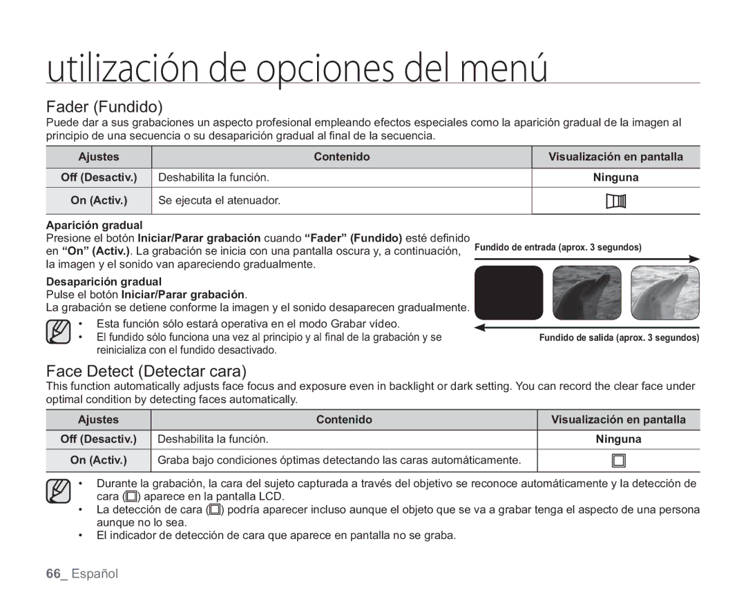 Samsung VP-HMX20C/EDC, VP-HMX20C/CAN manual Fader Fundido, Face Detect Detectar cara 