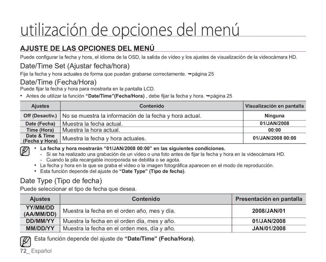 Samsung VP-HMX20C/EDC manual Ajuste DE LAS Opciones DEL Menú, Date/Time Set Ajustar fecha/hora, Date/Time Fecha/Hora 