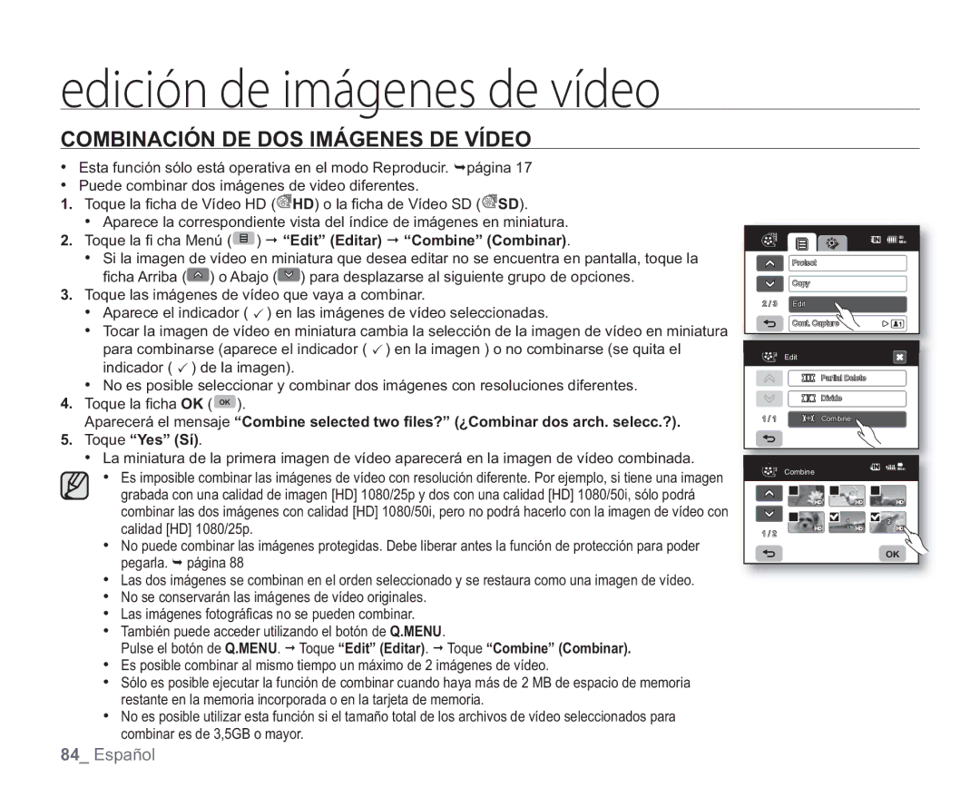 Samsung VP-HMX20C/EDC manual Combinación DE DOS Imágenes DE Vídeo, Toque la ﬁ cha Menú Edit Editar Combine Combinar 