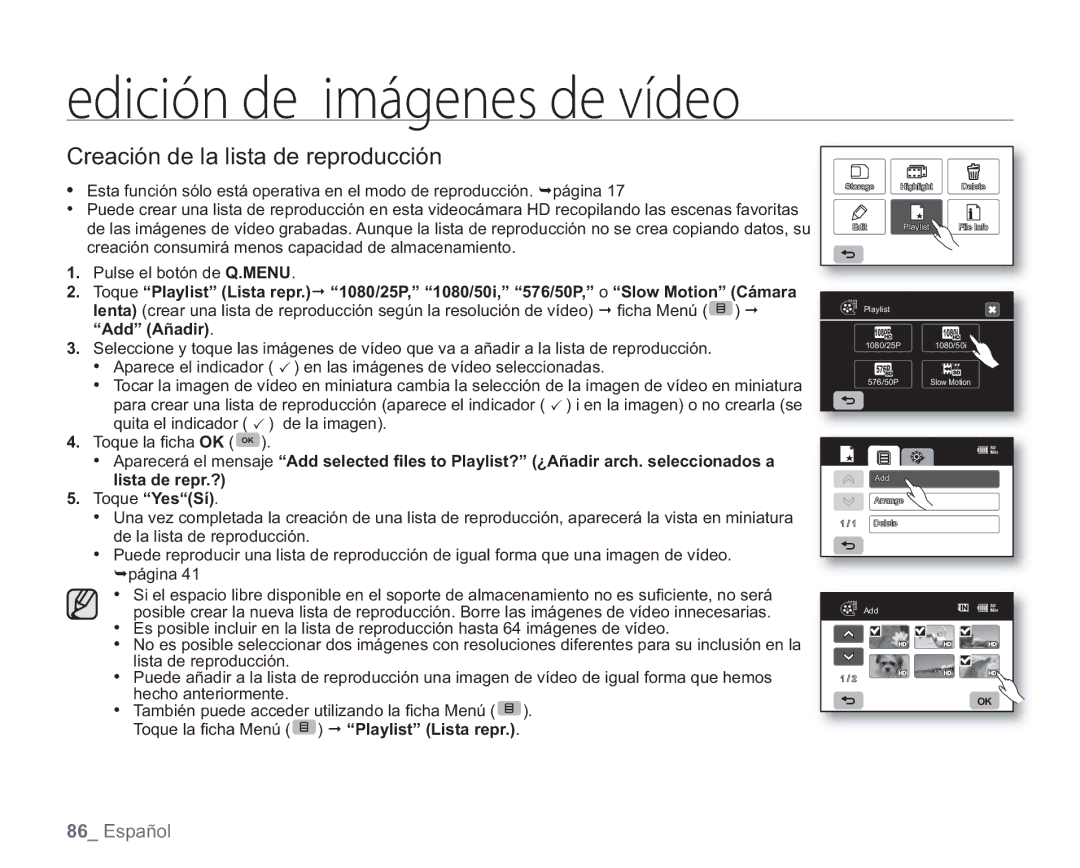 Samsung VP-HMX20C/EDC, VP-HMX20C/CAN manual FejdjøoEfJnèhfoftEfWóefp, Creación de la lista de reproducción 