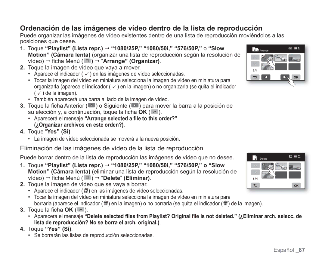 Samsung VP-HMX20C/CAN, VP-HMX20C/EDC manual Toque Playlist Lista repr /25P, 1080/50i, 576/50P, o Slow, Toque Yes Sí 