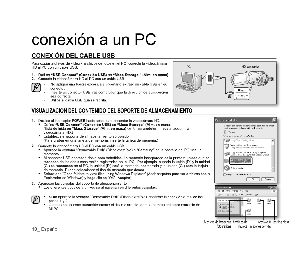 Samsung VP-HMX20C/EDC, VP-HMX20C/CAN Conexión DEL Cable USB, Visualización DEL Contenido DEL Soporte DE Almacenamiento 