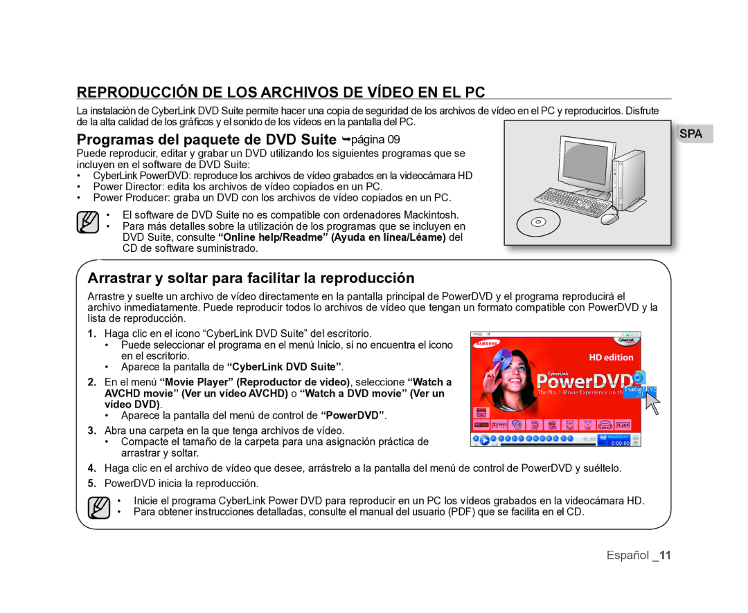 Samsung VP-HMX20C/CAN manual Reproducción DE LOS Archivos DE Vídeo EN EL PC, Programas del paquete de DVD Suite página 