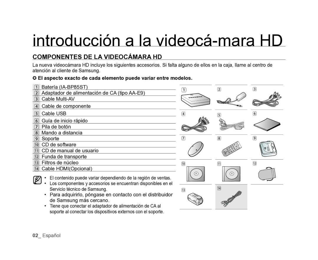 Samsung VP-HMX20C/EDC, VP-HMX20C/CAN manual Introducción a la videocá-mara HD, Componentes DE LA Videocámara HD 