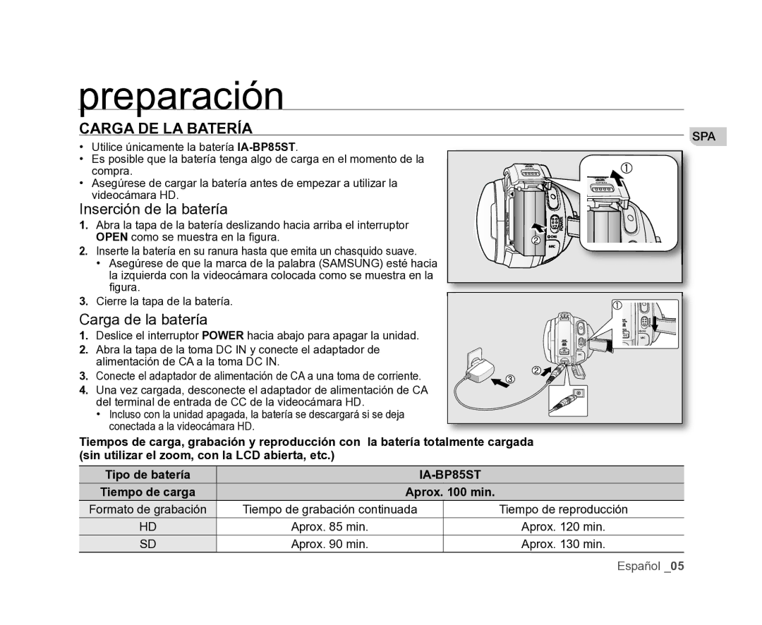 Samsung VP-HMX20C/CAN, VP-HMX20C/EDC manual Preparación, Carga DE LA Batería 