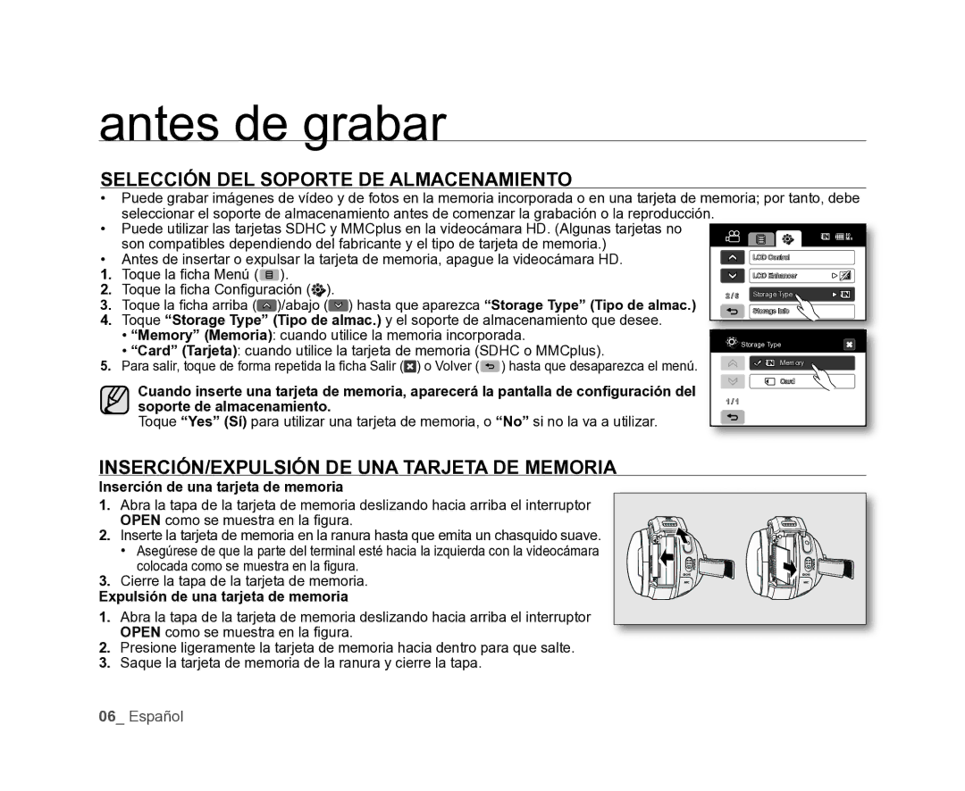 Samsung VP-HMX20C/EDC, VP-HMX20C/CAN manual Antes de grabar, Selección DEL Soporte DE Almacenamiento 