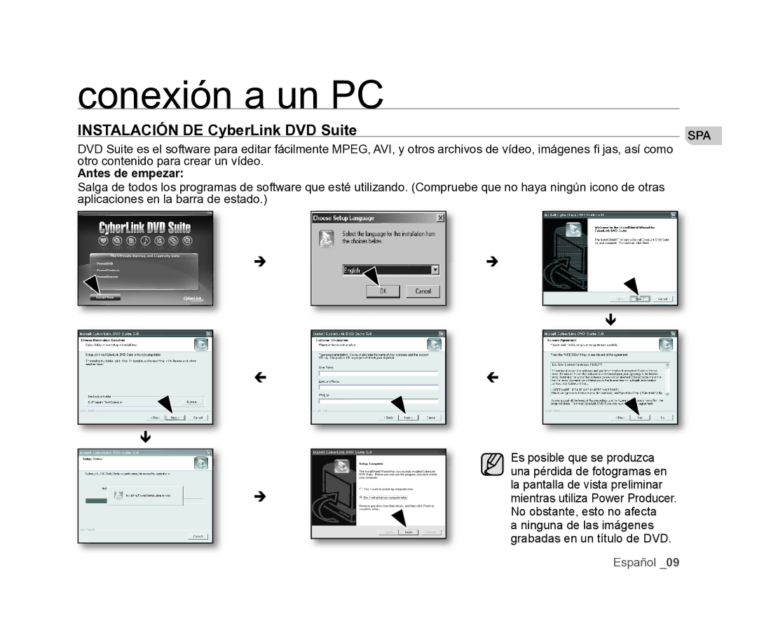 Samsung VP-HMX20C/CAN, VP-HMX20C/EDC manual Conexión a un PC, Instalación DE CyberLink DVD Suite 