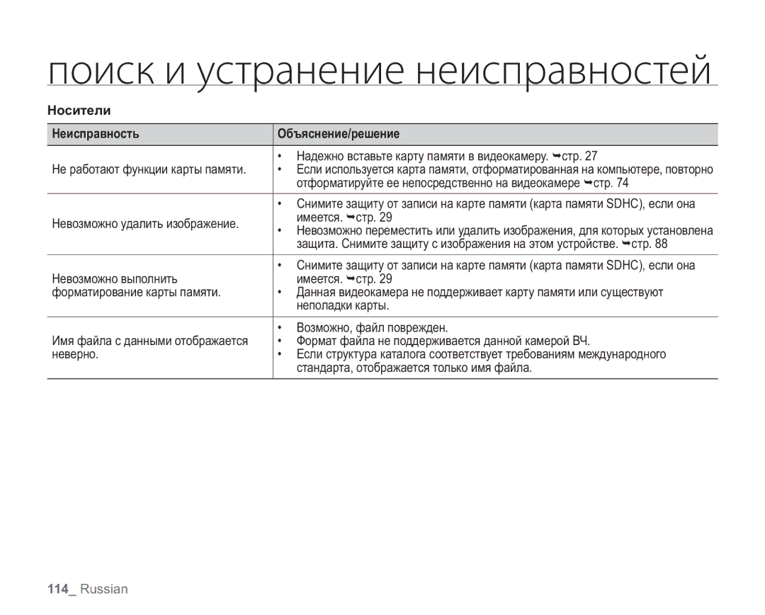 Samsung VP-HMX20C/NWT, VP-HMX20C/EDC, VP-HMX20C/XEE, VP-HMX20C/XER, VP-HMX20C/XEK Носители Неисправность Объяснение/решение 