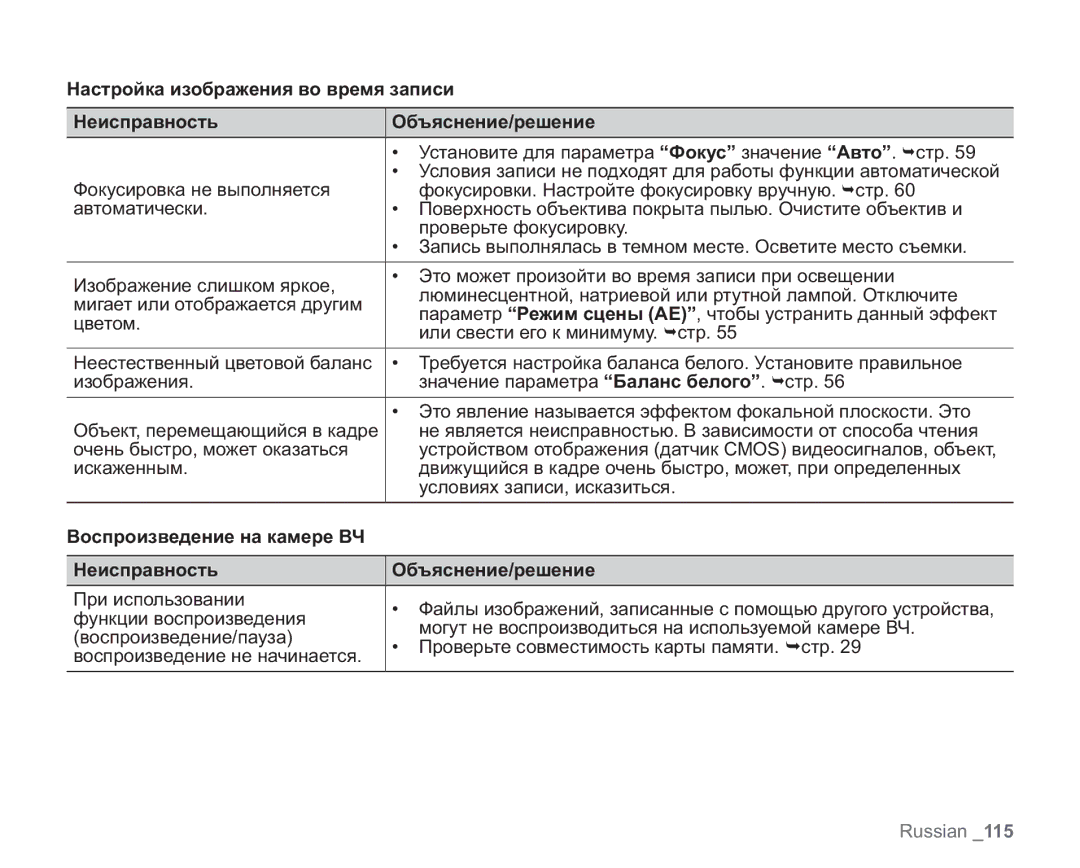 Samsung VP-HMX20C/XER manual Установите для параметра Фокус значение Авто. стр, Цветом, Или свести его к минимуму. стр 