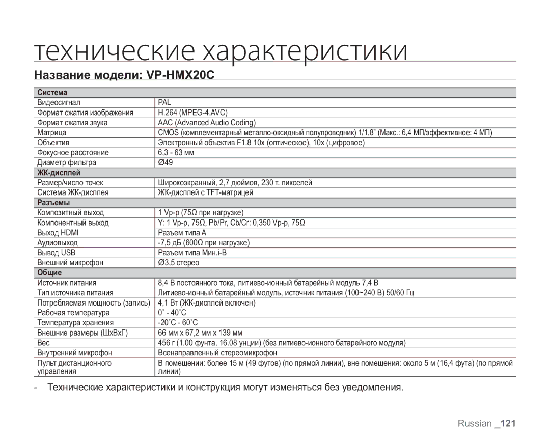 Samsung VP-HMX20C/XEK, VP-HMX20C/EDC, VP-HMX20C/XEE, VP-HMX20C/NWT ȠȓȣțȖȥȓȟȘȖȓȣȍȞȍȘȠȓȞȖȟȠȖȘȖ, Название модели VP-HMX20C 