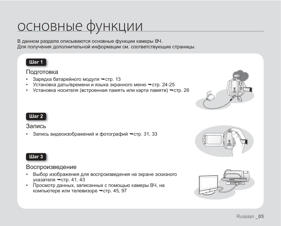 Samsung VP-HMX20C/XER manual ȜȟțȜȏțȩȓȢȡțȘȤȖȖ, Подготовка, Воспроизведение, Запись видеоизображений и фотографий стр 