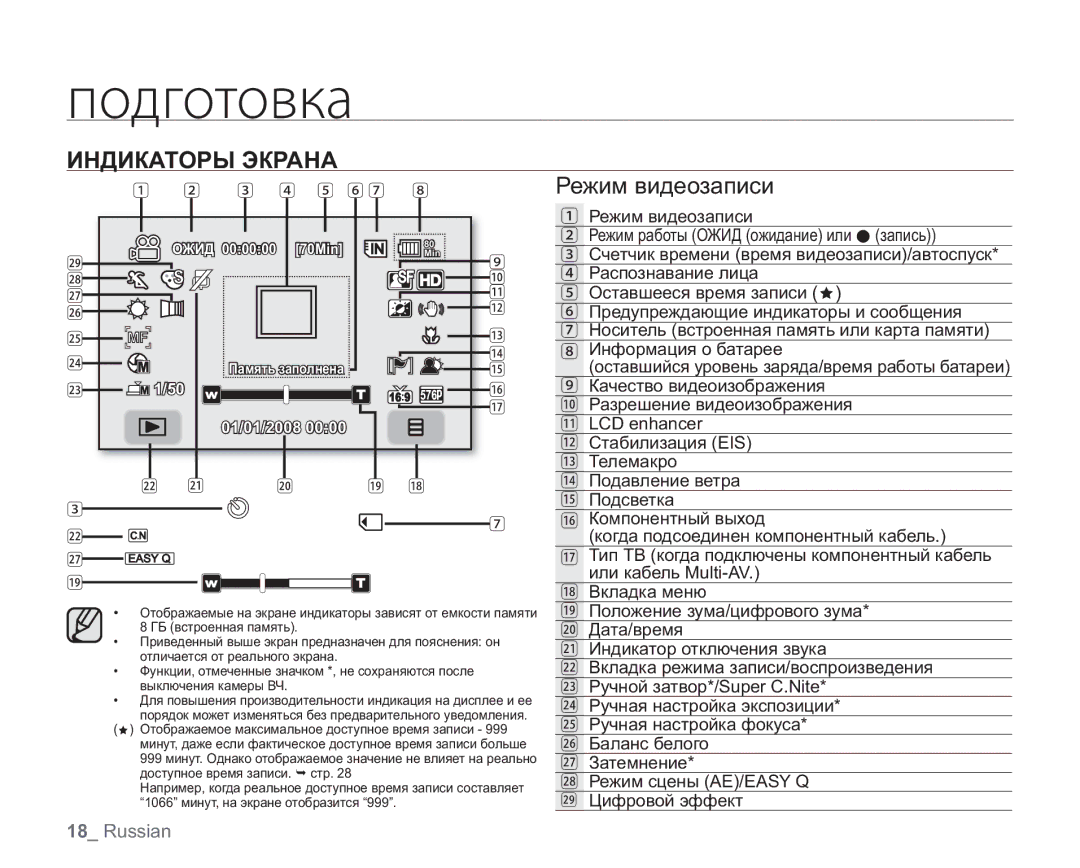 Samsung VP-HMX20C/XEE, VP-HMX20C/EDC, VP-HMX20C/NWT, VP-HMX20C/XER, VP-HMX20C/XEK manual Индикаторы Экрана, Режим видеозаписи 