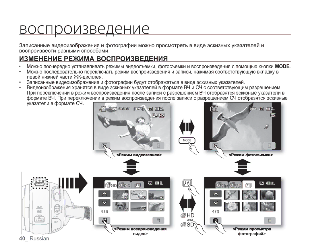 Samsung VP-HMX20C/XER, VP-HMX20C/EDC manual ȎȜȟȝȞȜȖȕȏȓȒȓțȖȓ, Изменение Режима Воспроизведения, Указатели в формате СЧ 