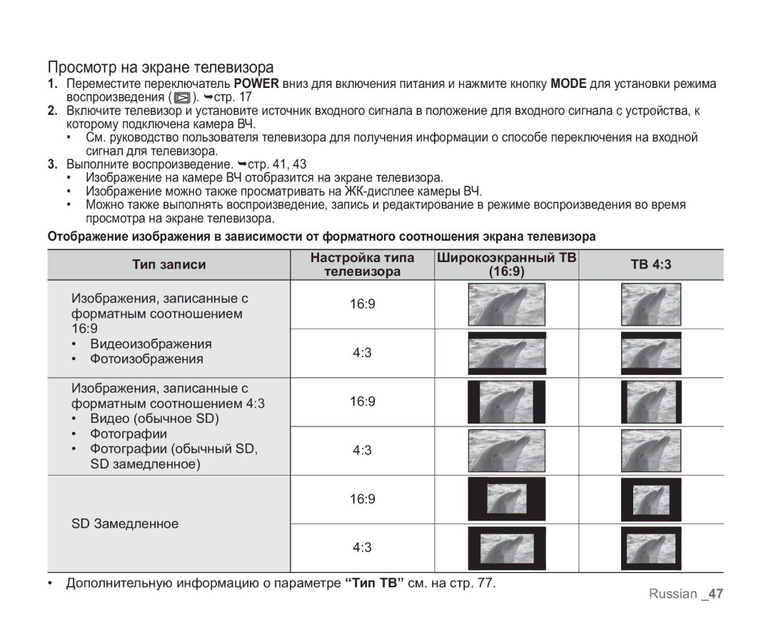 Samsung VP-HMX20C/EDC, VP-HMX20C/XEE manual Просмотр на экране телевизора, 169, Настройка типа Широкоэкранный ТВ Телевизора 