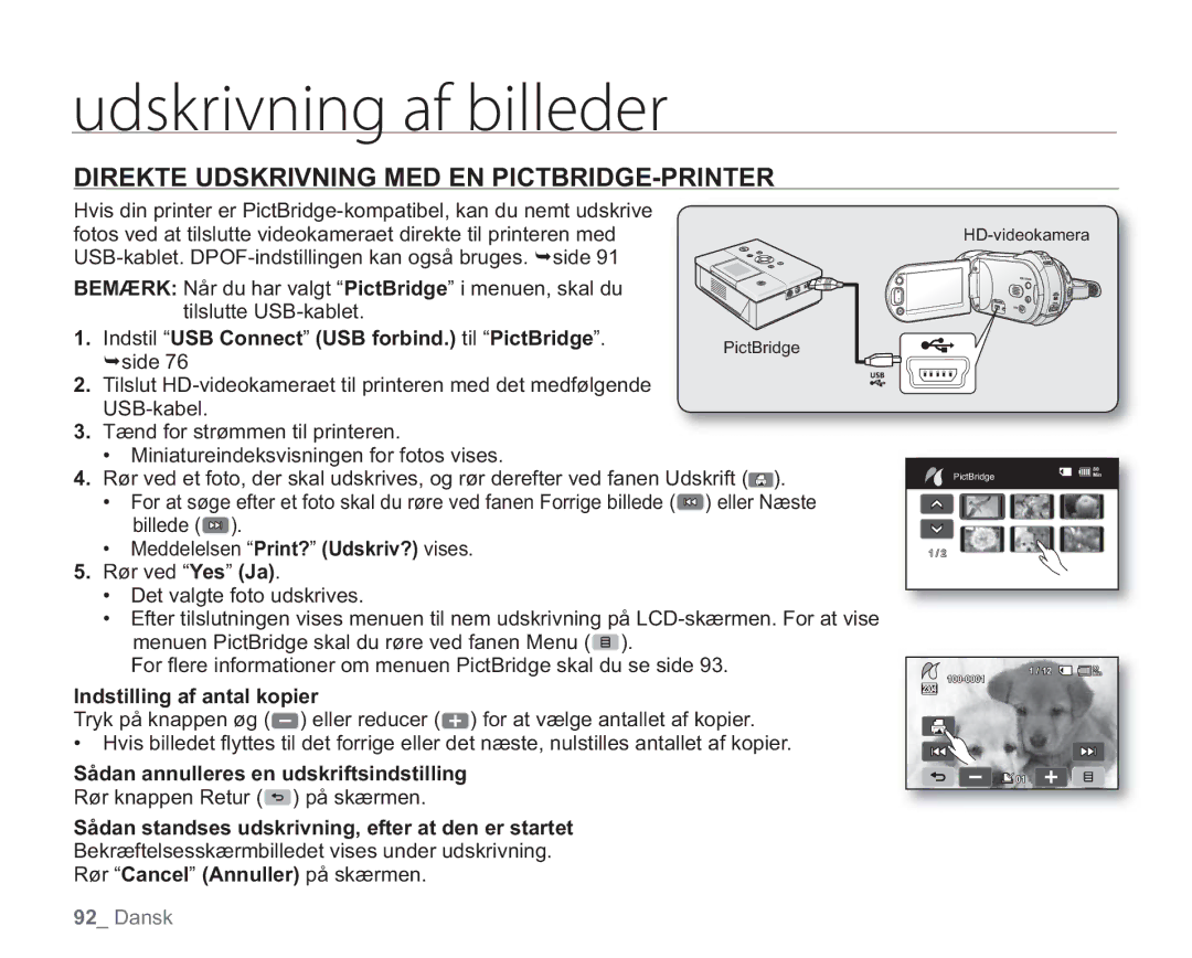 Samsung VP-HMX20C/EDC manual Direkte Udskrivning MED EN PICTBRIDGE-PRINTER, Indstil USB Connect USB forbind. til PictBridge 