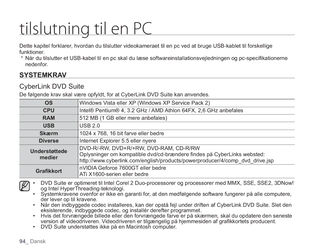 Samsung VP-HMX20C/EDC, VP-HMX20C/XEE manual UJMTMVUOJOHUJMFO1$, Systemkrav, CyberLink DVD Suite 