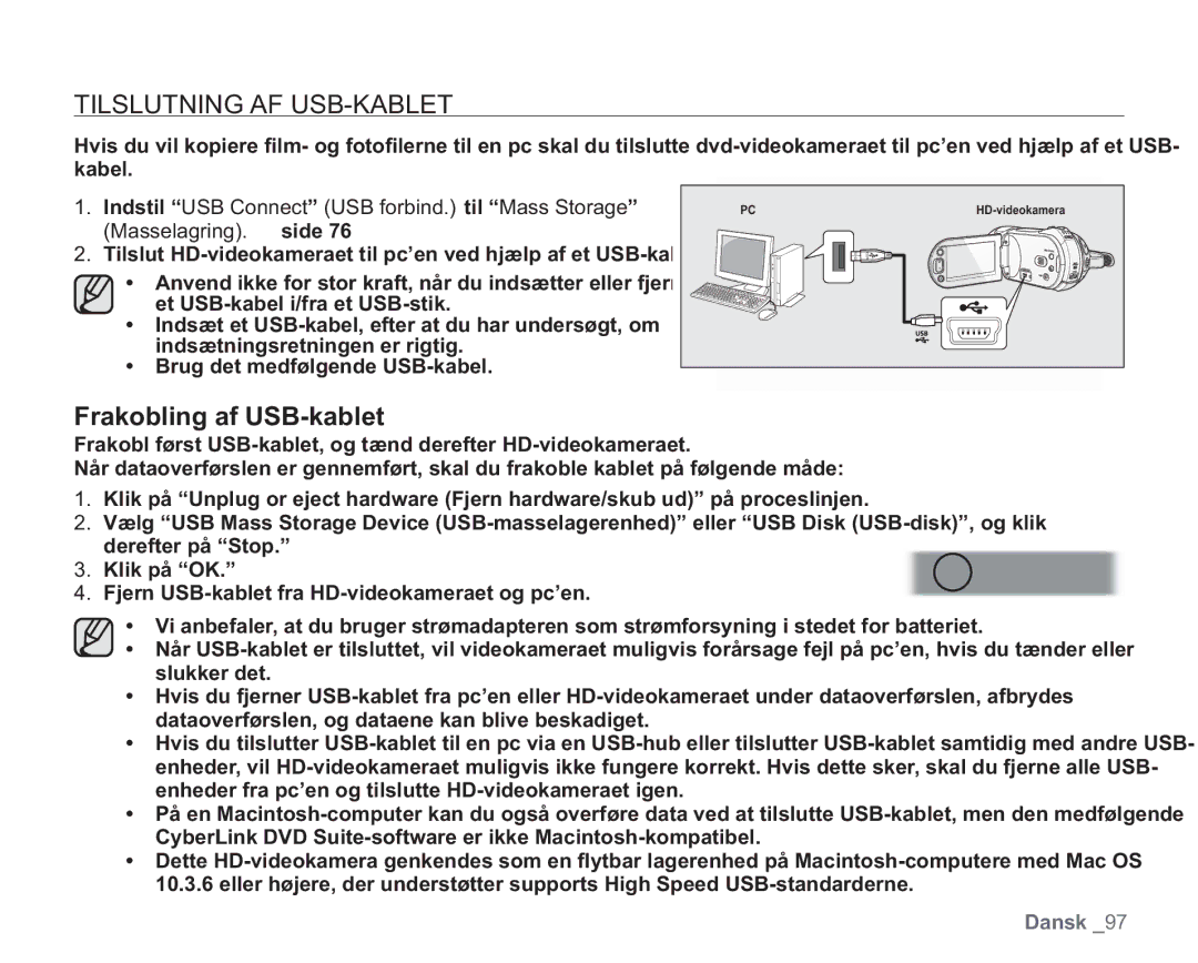 Samsung VP-HMX20C/XEE, VP-HMX20C/EDC manual Tilslutning AF USB-KABLET, Frakobling af USB-kablet 