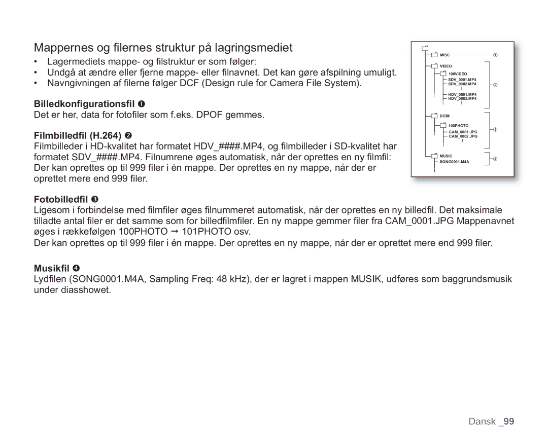 Samsung VP-HMX20C/XEE manual Mappernes og ﬁ lernes struktur på lagringsmediet, Billedkonﬁgurationsﬁ l, Filmbilledﬁl H.264 