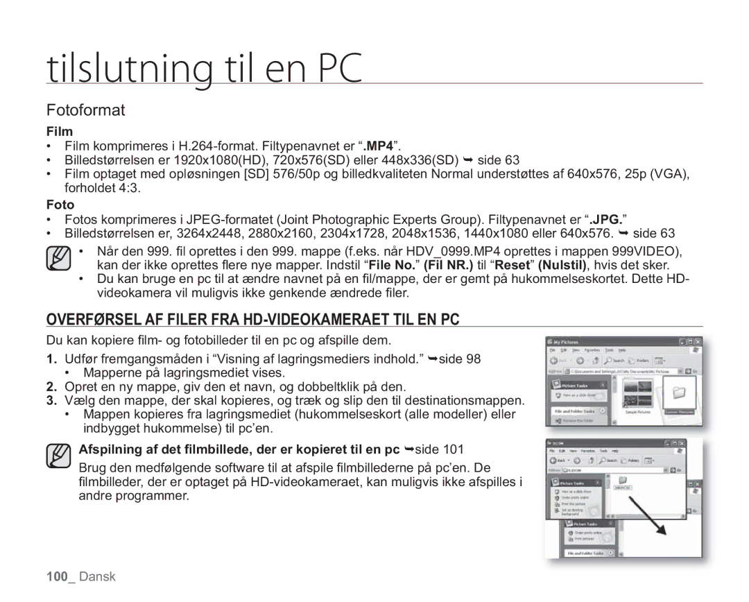 Samsung VP-HMX20C/EDC, VP-HMX20C/XEE manual Fotoformat, Overførsel AF Filer FRA HD-VIDEOKAMERAET TIL EN PC, Film 