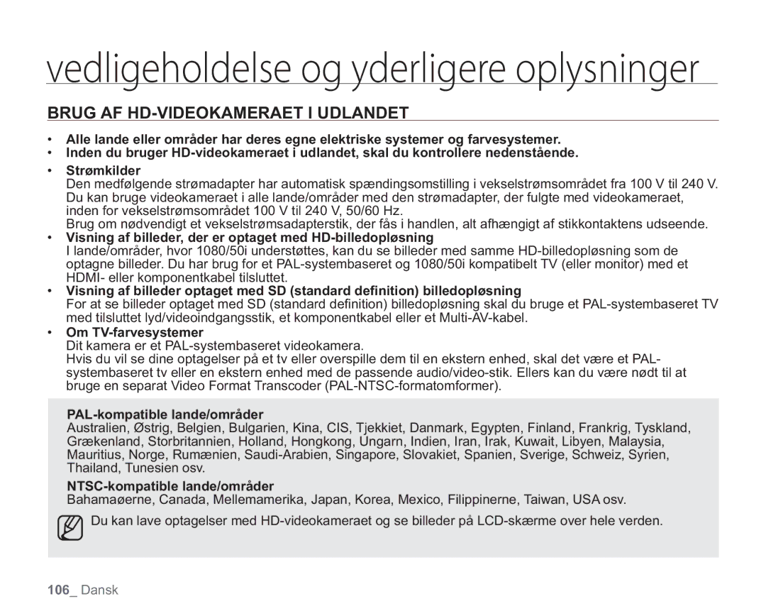 Samsung VP-HMX20C/EDC Brug AF HD-VIDEOKAMERAET I Udlandet, Visning af billeder, der er optaget med HD-billedopløsning 