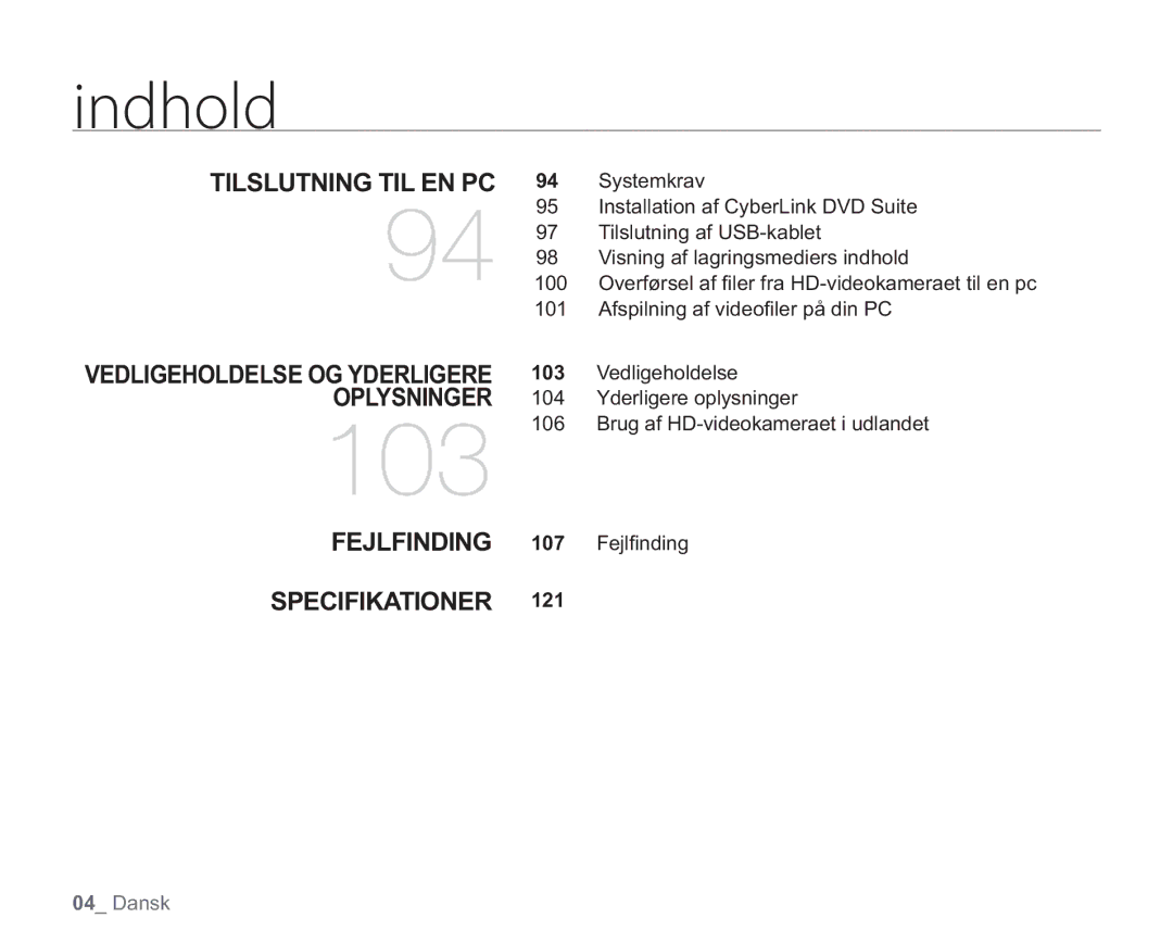 Samsung VP-HMX20C/EDC, VP-HMX20C/XEE manual Tilslutning TIL EN PC, Specifikationer 