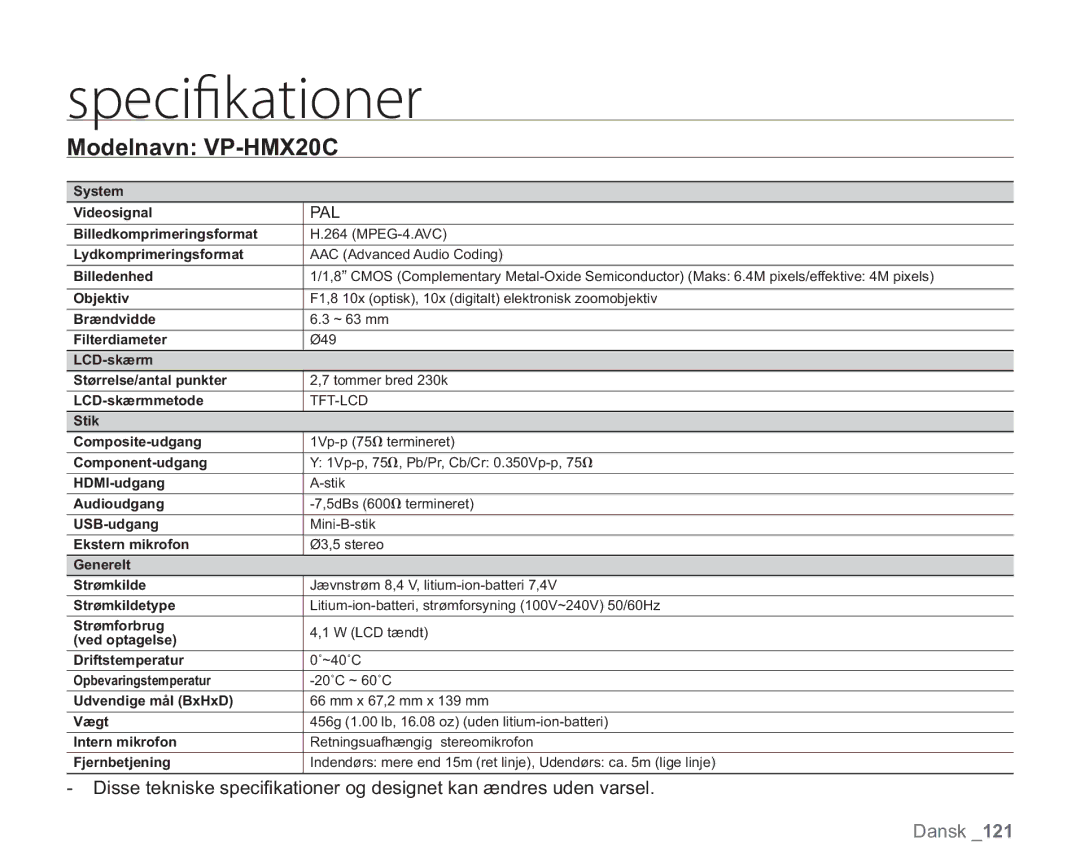 Samsung VP-HMX20C/XEE, VP-HMX20C/EDC manual TQFDJmLBUJPOFS 